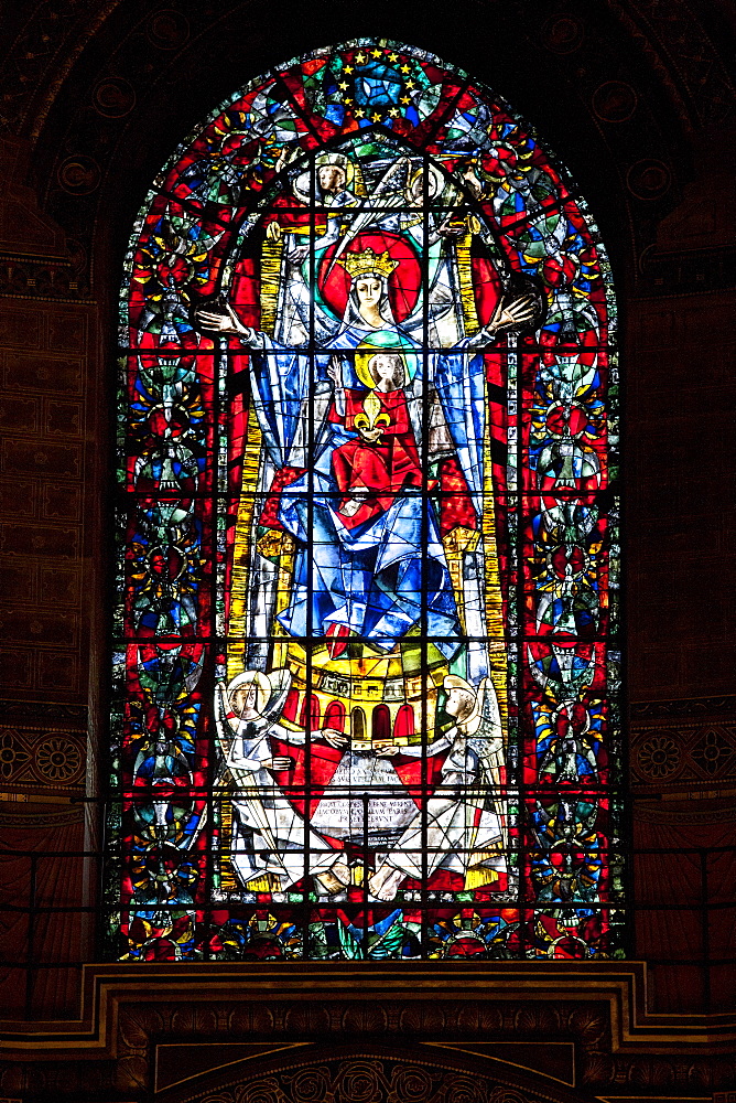 Stained glass window in The Cathedral of Notre Dame, Our Lady,  at Strasbourg, Alsace, France