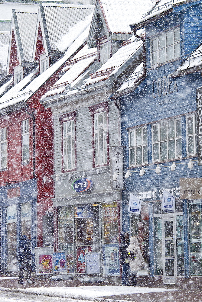 Shop fronts and street scene in the city of Tromso, in the Arctic Circle in Northern Norway