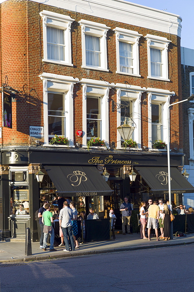 Customers enjoying warm weather at The Princess traditional London pub in Chalcot Road, Primrose Hill, London