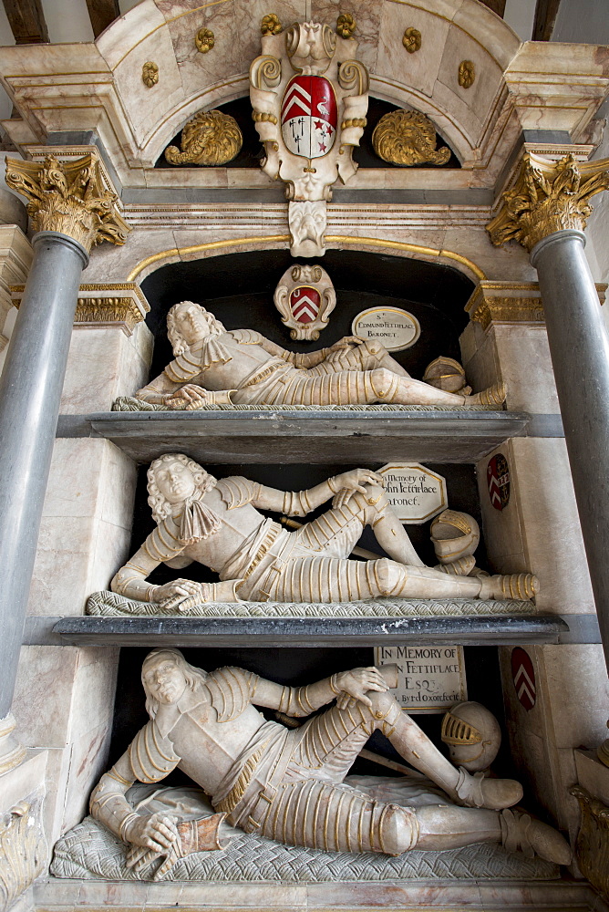 Fettiplace tombs 1613 in the chancel of St Mary's Church in Swinbrook - top Sir Edmund Fettiplace mid John baronet base John Esquire