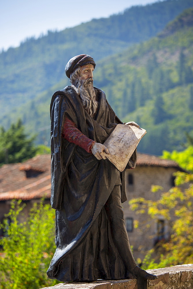 Statue of apostle on Pilgrim's Way at Potes in Picos de Europa, Asturias, Northern Spain