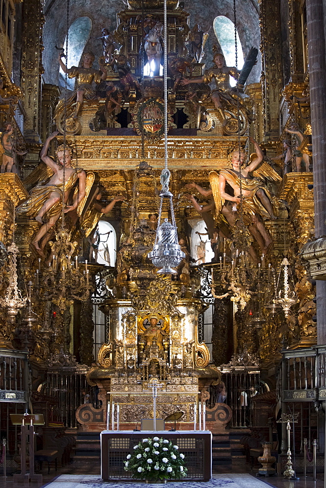 High altar, botafumeiro and crypt  in the Roman Catholic cathedral, Catedral de Santiago de Compostela, Galicia, Spain