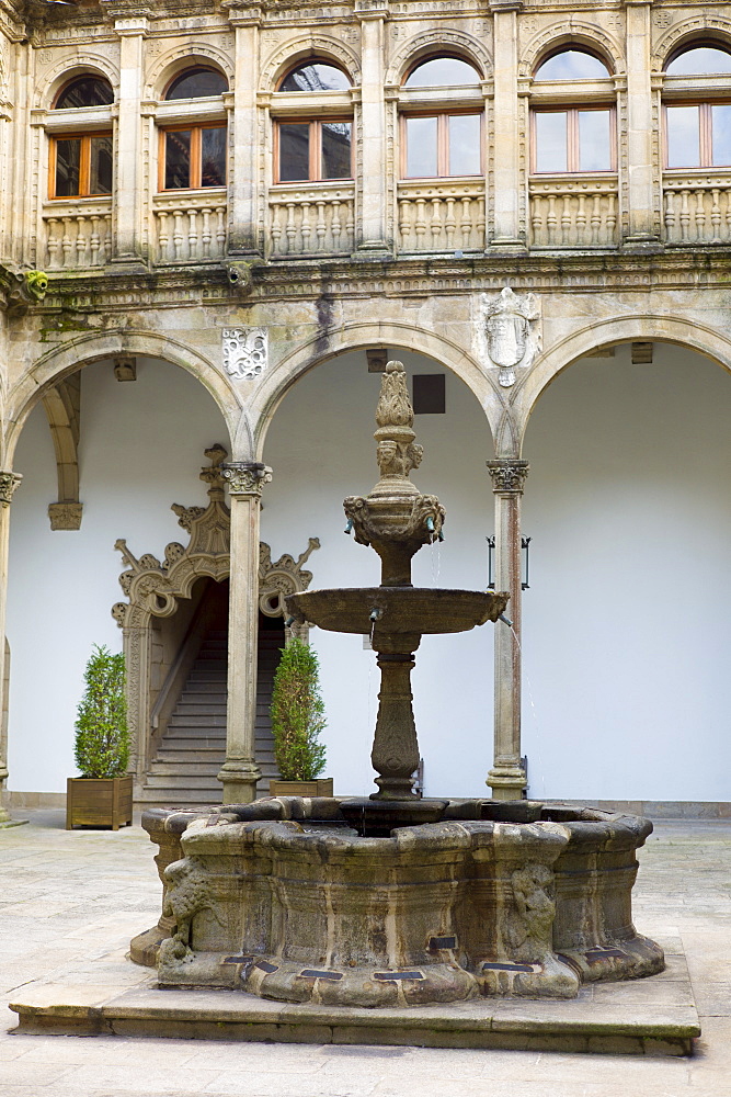 Fountain in Parador Hostal de Los Reyes Catolicos in Santiago de Compostela, Galicia, Spain