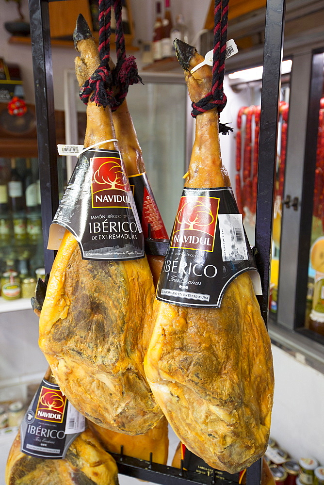 Jamon Iberico, famous Iberico ham on sale in food shop in Calle Major in town of Laguardia, Rioja-Alavesa, Basque country, Spain