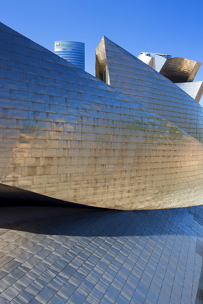 Architect Frank Gehry's Guggenheim Museum futuristic architectural design in titanium and glass at Bilbao, Basque country, Spain