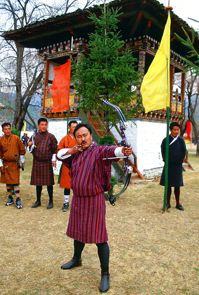 Archers at archery festival, Paro, Bhutan