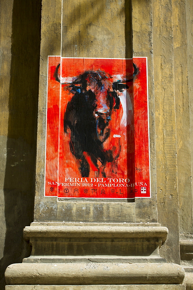 Bullfight poster advertising Feria del Toro at the Bullring, Plaza de Toros de Pamplona, Navarre, Northern Spain