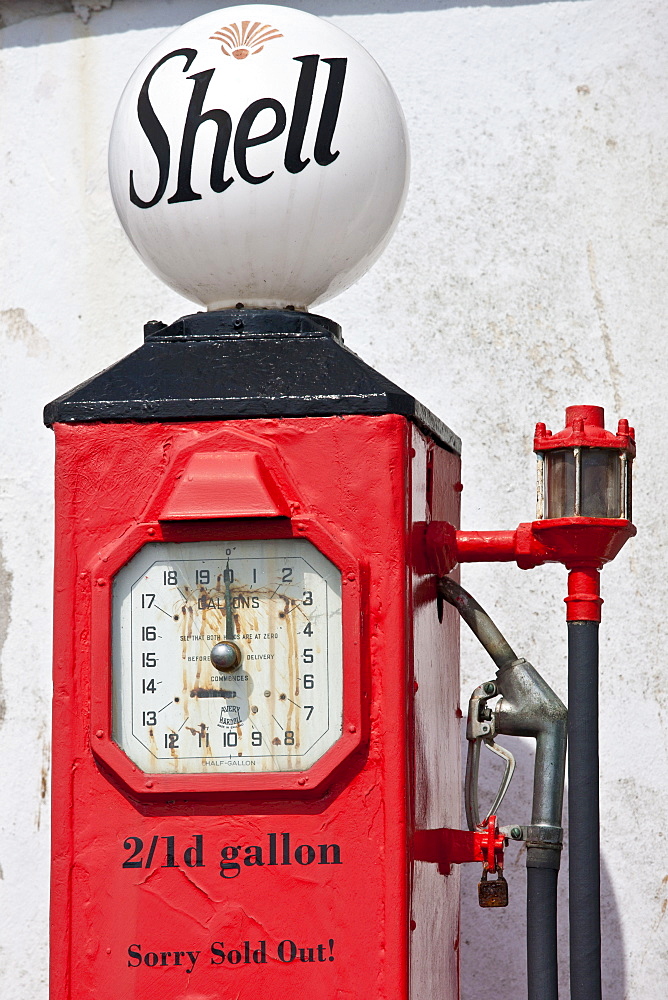 Vintage Shell petrol pump ephemera at St Mawes tourist attraction, Cornwall, England, UK