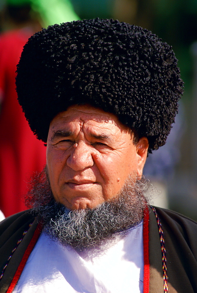 A man in a traditional hat in the city of Mary, Turkmenistan