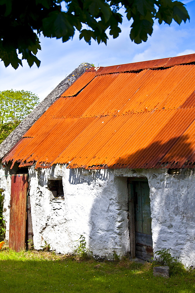 Whitewashed barn with rusty corrugated iron roof in County Cork, Ireland