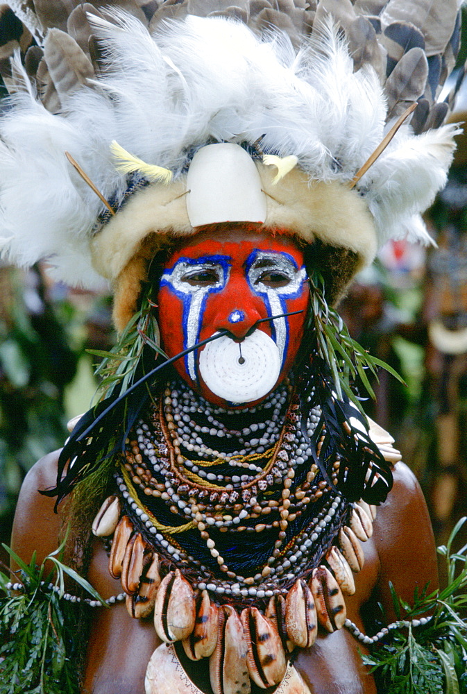 Tribesman wearing war paints and feathered headdress during  a gathering of tribes at Mount Hagen in Papua New Guinea