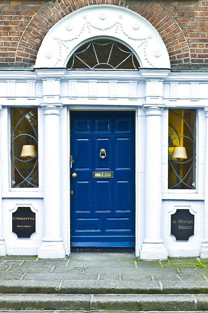 Traditional doorway with fanlight windows in Merrion Square famous for its Georgian architecture, Dublin, Ireland