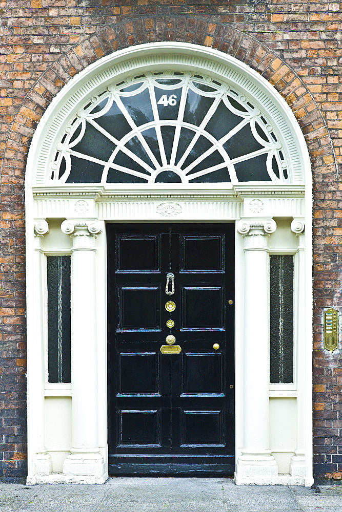 Traditional doorway with fanlight windows in Merrion Square famous for its Georgian architecture, Dublin, Ireland