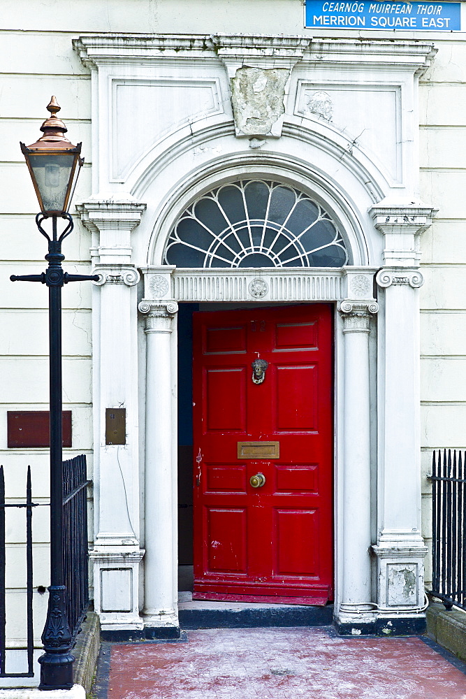 Traditional doorway with fanlight windows in Merrion Square famous for its Georgian architecture, Dublin, Ireland