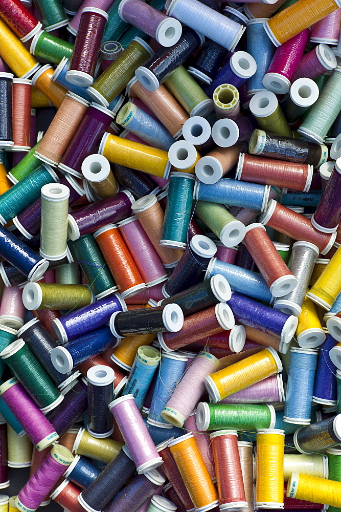 Reels of polyester thread on sale at market in La Reole, Bordeaux region of France