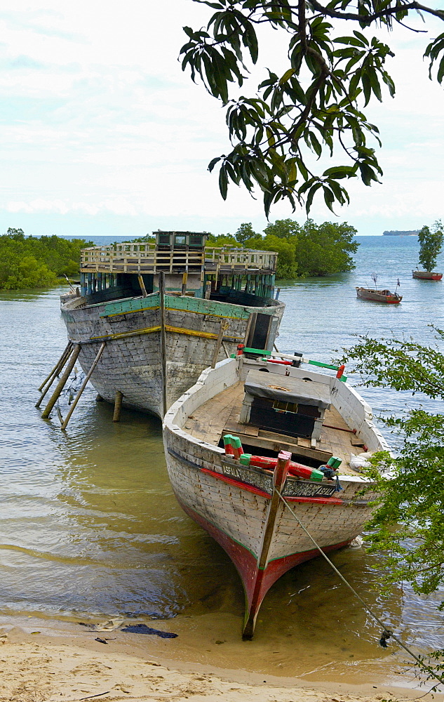 Old dhows moored at boatyard, Zanzibar