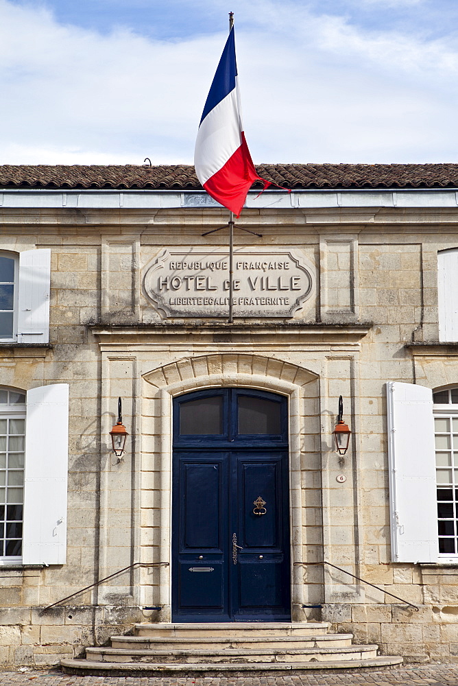 French flag at Town Hall, Hotel de Ville, in St Emilion, Bordeaux, France