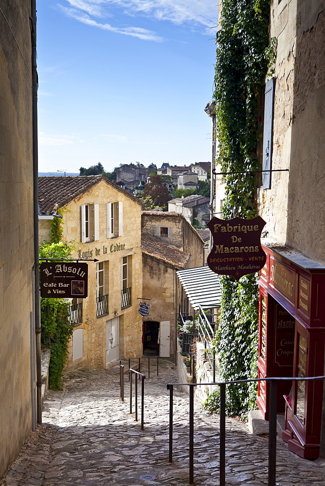 Cobbled street in traditional town of St Emilion, in the Bordeaux wine region of France