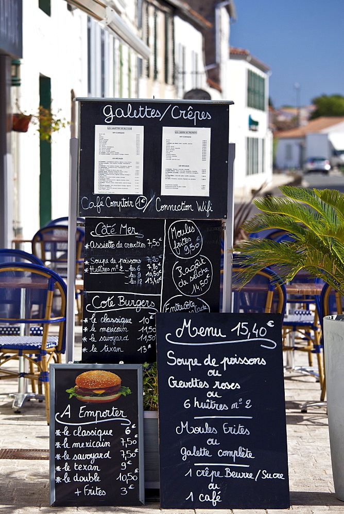 Pavement Cafe menu street scene in La Flotte, Ile de Re, France