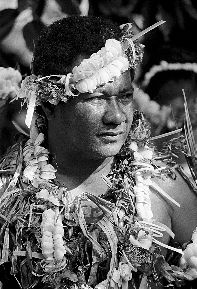 South Pacific islander in native dress at traditional tribal ceremony  in Nauru, South Pacific