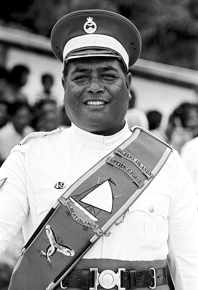 Soldier in traditional uniform in military parade in Kiribati, South Pacific