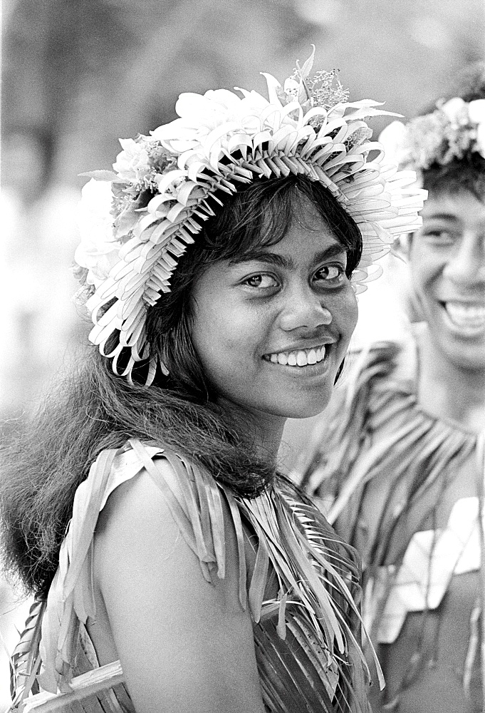 South Pacific islanders in traditional costumes at tribal gathering in Kiribati, Gilbert Islands, South Pacific