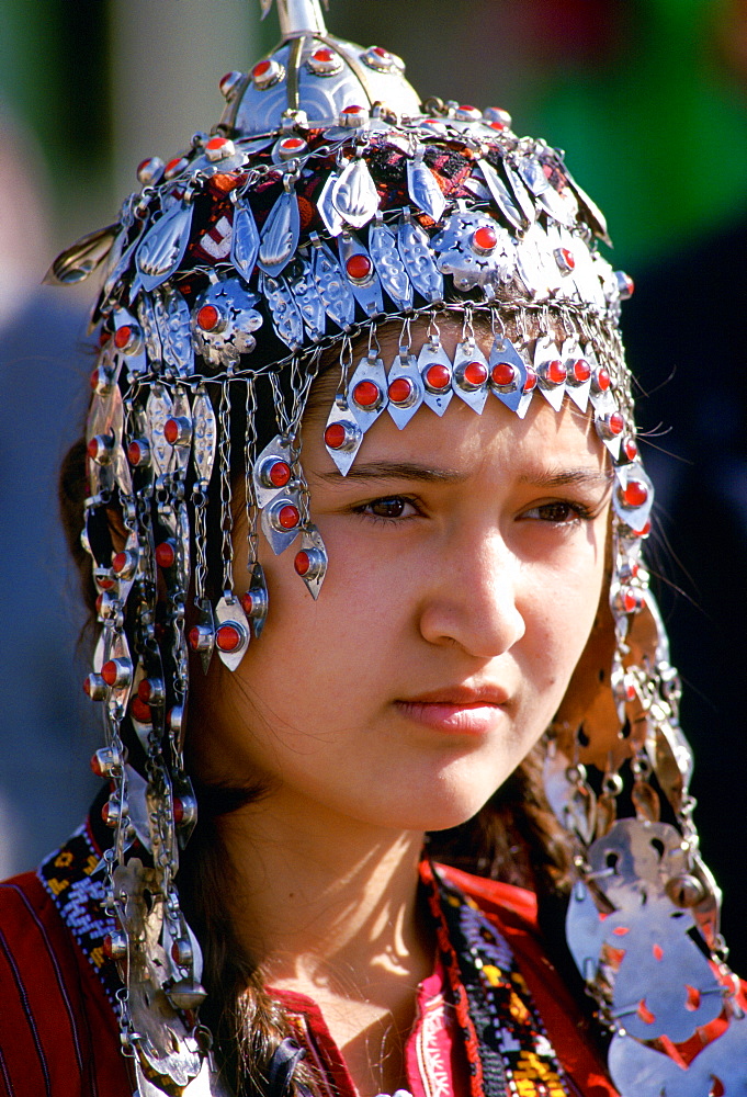 A young girl wearing traditional costume, Mary , Turkmenistan