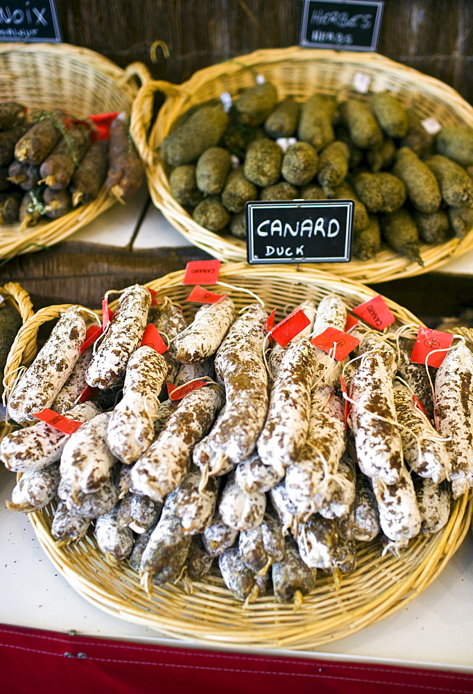 Duck sausage, saucisson canard, on sale in Brantome in North Dordogne, France