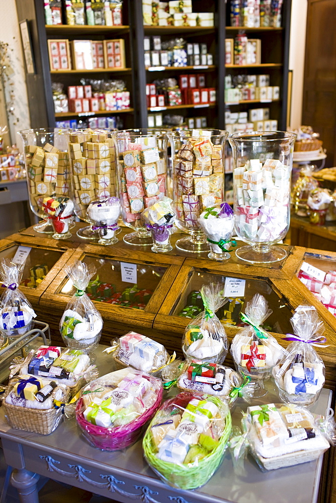 Artisan soaps on sale at Martin de Candre specialist savon shop Mestre at Fontevraud L'Abbaye, Loire Valley, France