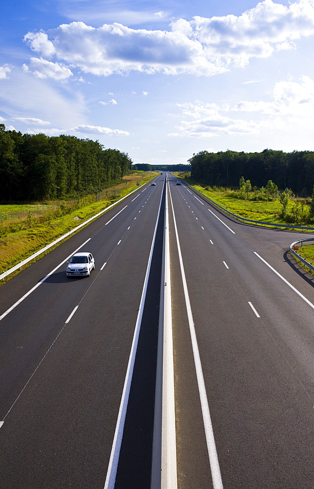 Saloon car on new French highway near Azay le Rideau in the Loire Valley, France