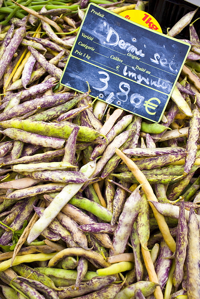 Local produce demi-sec beans on sale at farmers market in Normandy, France