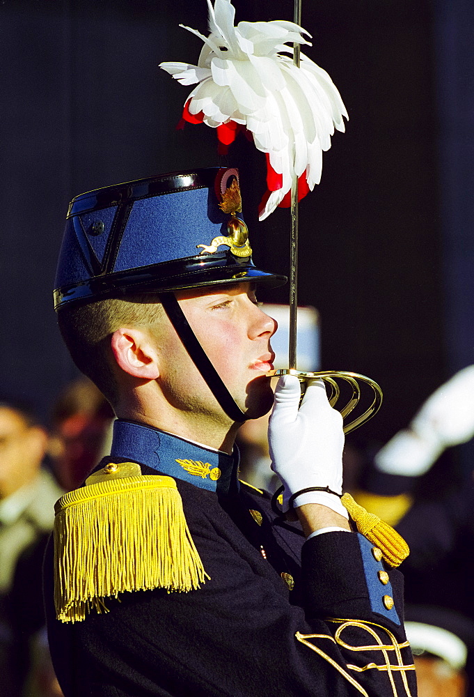 French soldier taking part in military parade in Paris, France