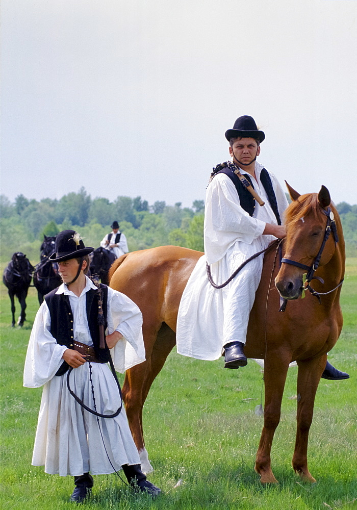 Hungarian Csikos cowboy in traditional costume on The Great Plain of Hungary  at Bugac, Hungary