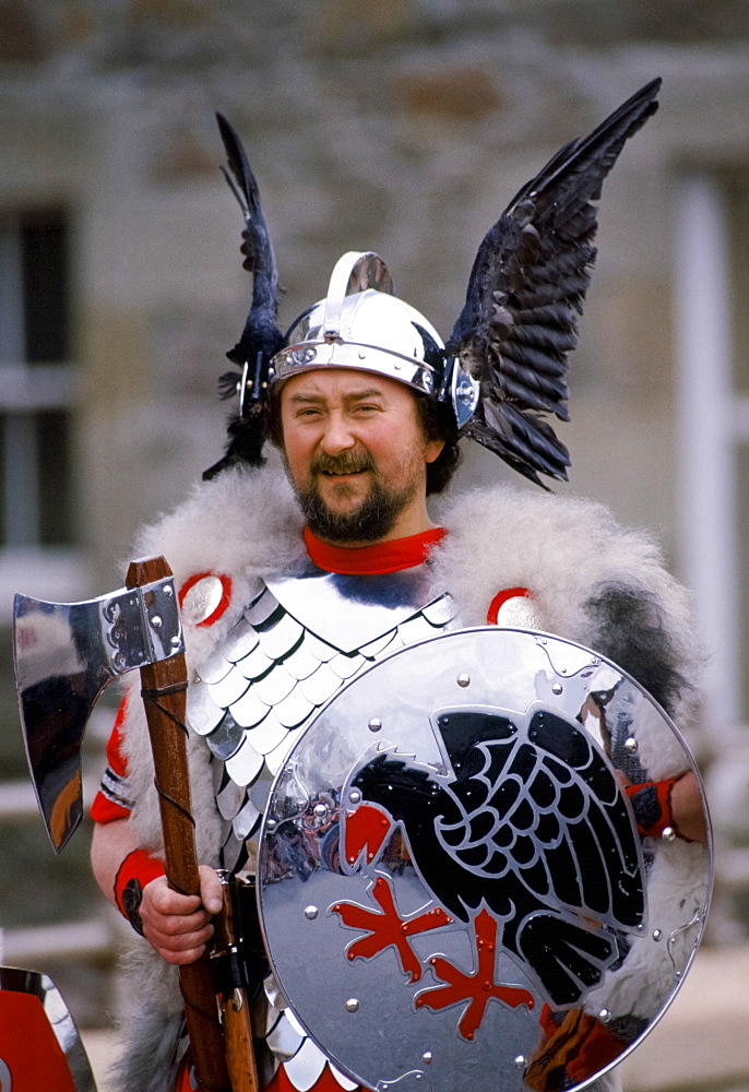 Shetland Islands man wearing viking costume for cultural display in the Shetland Isles