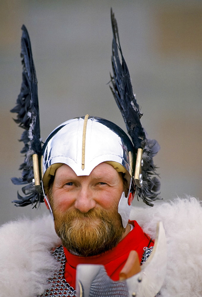 Shetland Islands man wearing viking costume for cultural display in the Shetland Isles