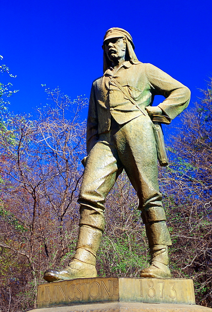 Statue of explorer David Livingstone on Zambezi River at Victoria Falls in Zimbabwe, Africa