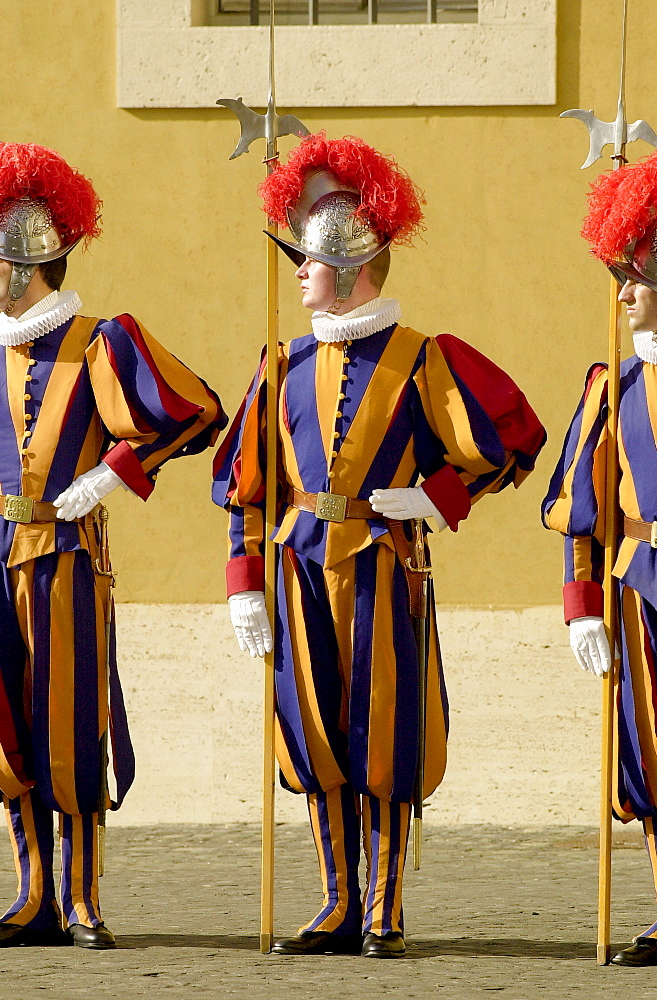 Swiss ceremonial guards in traditional striped uniforms at the Vatican, Vatican city