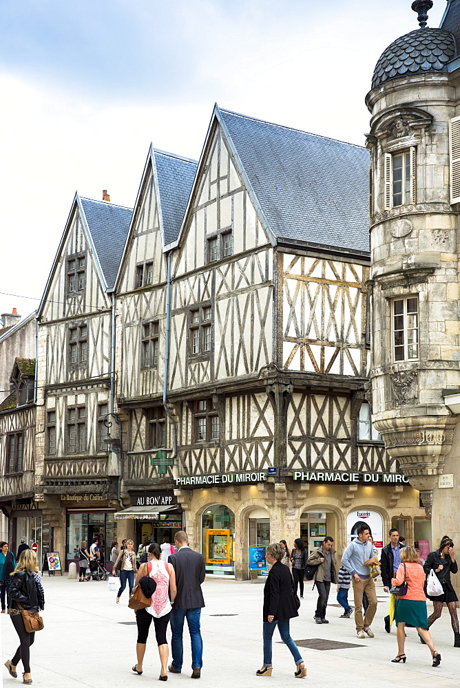 Traditional timber-frame Tudor style buildings in Rue de la Liberte in medieval Dijon in Burgundy region, France, Europe