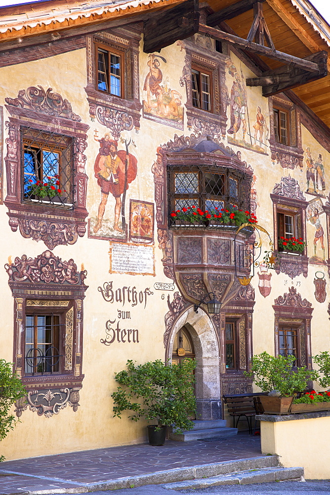 Gasthof Stern 16th century hotel in Kirchweg, built 1573, in the old part of the town of Oetz in the Tyrol, Austria, Europe