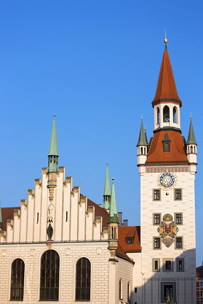 Clock tower of Altes Rathaus and Spielzeugmuseum  in Marienplatz in Munich, Bavaria, Germany, Europe