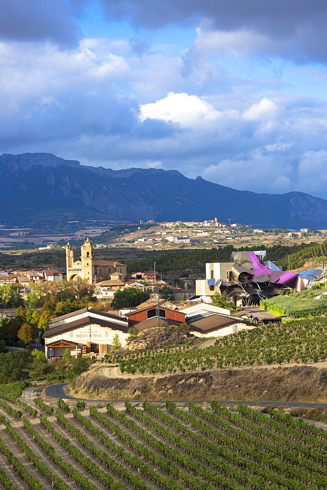 Marques de Riscal Bodega winery, vines and Hotel Marques de Riscal, designed by Frank O Gehry at Elciego in Rioja-Alavesa, Basque Country, Euskadi, Spain, Europe