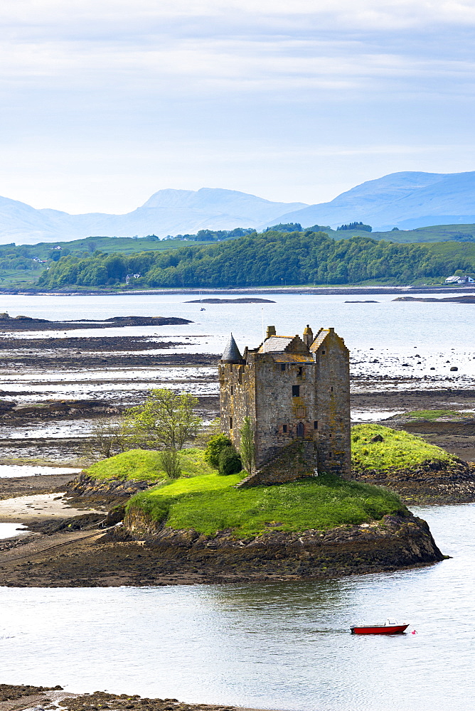 Stalker Castle on Loch Linnhe, 14th century Highland fortress of MacDougall clan, Appin, Argyll in the Highlands of Scotland, United Kingdom, Europe