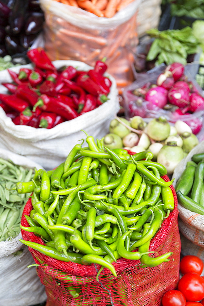 Green and red chillies on display for sale at food and spice market in Kadikoy district on Asian side of Istanbul, Turkey, Asia Minor, Eurasia