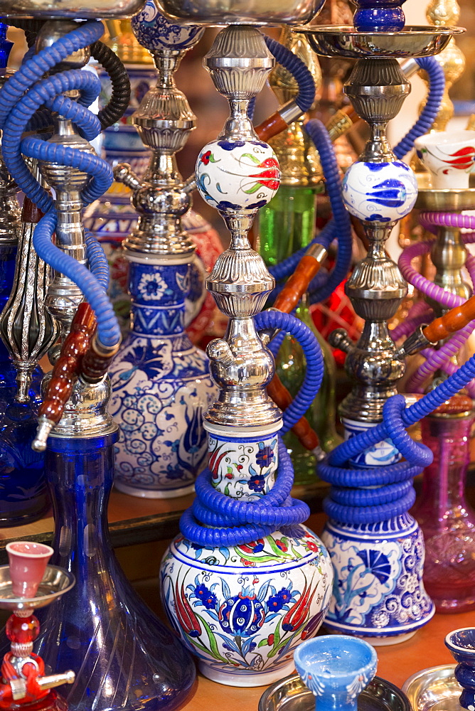 Hookah Turkish tobacco smoking water pipes (nargile), The Grand Bazaar, (Great Bazaar) (Kapali Carsi), in Beyazi, Istanbul, Turkey, Europe