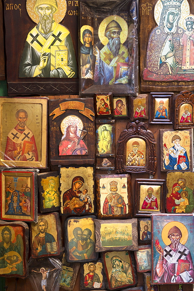 Greek Orthodox religious icons in souvenir and gift shop in Kerkyra, Corfu Town, Corfu, Greek Islands, Greece, Europe