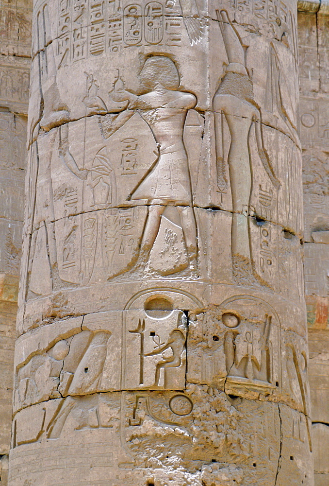 Inscriptions on a column in the Great Hypostyle Hall in Karnak Temple, Cairo, Egypt