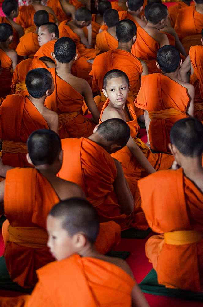 A monk looks around during his graduation ceremony, Wat Phra Singh, Chiang Mai, Thailand, Southeast Asia, Asia