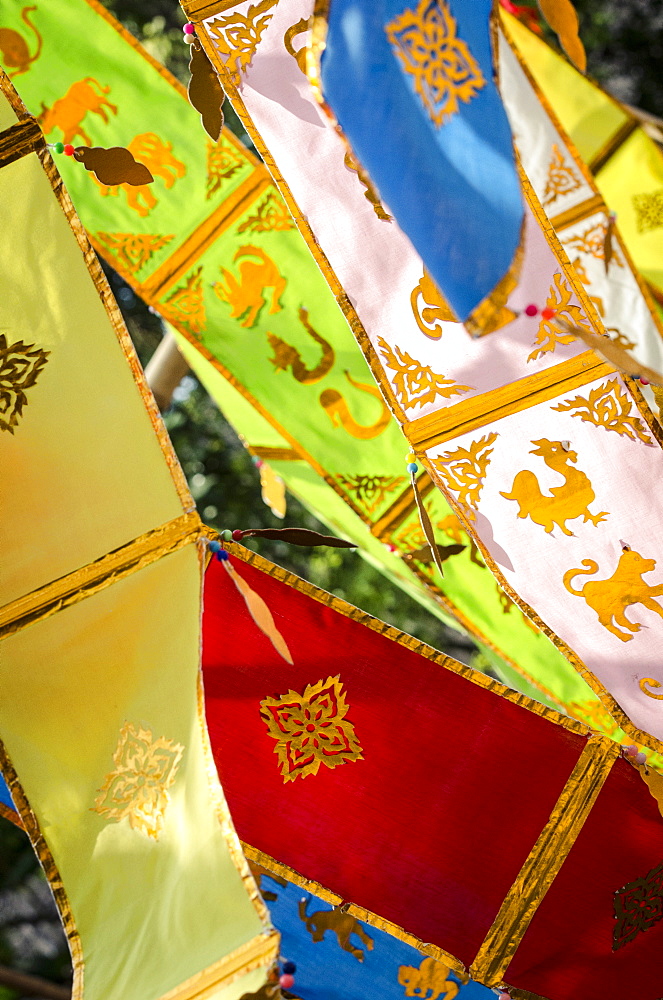 Thai New Year decorations blow in the wind, Wat Chedi Luang, Chiang Mai, Thailand, Southeast Asia, Asia 