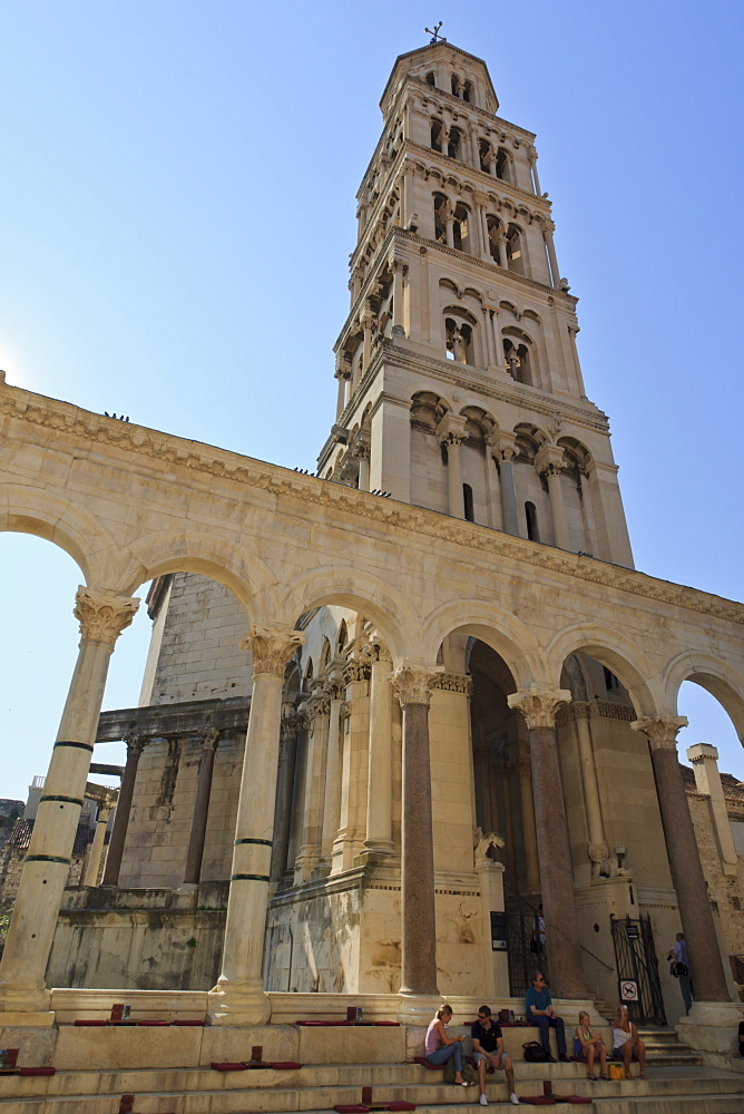 Tourists, Diocletian's Palace and bell tower of Cathedral of St Domnius (St Duje), Old town, Split, Central Dalmatia, Croatia