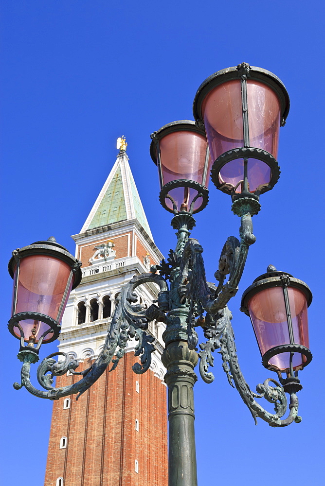 Campanile (belltower) and street lamp, Piazza San Marco (St. Mark's Square), Venice, UNESCO World Heritage Site, Veneto, Italy, Europe